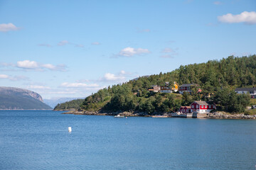 Fototapeta premium Travel stop at Terråk pier in Bindal municipality on a great summer day,Helgeland,Nordland county,scandinavia,Europe