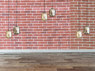 empty house interior design and lamp on red stone brick wall. 3D illustration