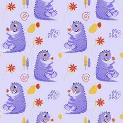 Cute dinosaur. Childish seamless pattern with dino in a flat style. Creative vector childish background for fabric, textile. Dinosaur with a flower in its paws