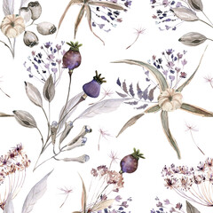 Boho flowers watercolor seamless paper for fabric, Dried Floral repeat pattern, Beige and purple floral rustic background - 449599282
