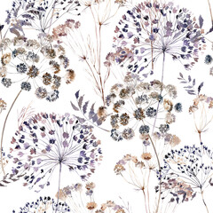 Boho flowers watercolor seamless paper for fabric, Dried Floral repeat pattern, Beige and purple floral rustic background - 449599283