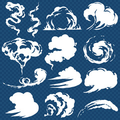 Drawn clouds of different shapes on a dark blue transparent background