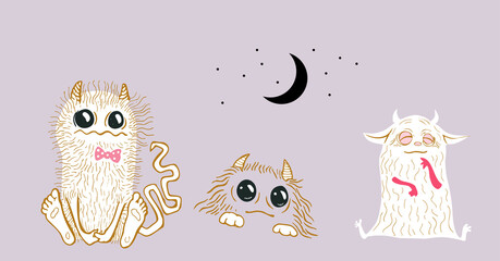 Vector illustration of Halloween design cards with little cute monsters