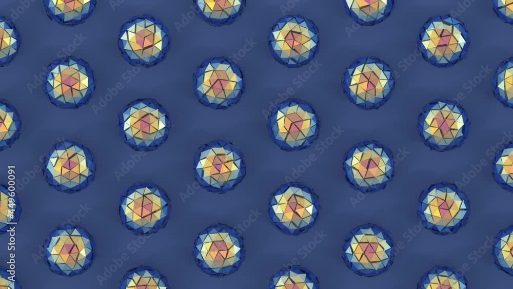 Poster holographic iridescent shiny spheres rotating on blue background. 3d render seamless looping creativ