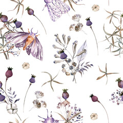 Boho flowers and moths  watercolor seamless paper for fabric, Dried Floral repeat pattern, Beige and purple floral rustic background - 449600469