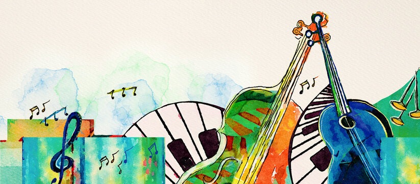 World of music. Watercolor. Concept background..