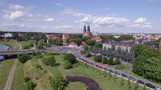 Poznan, Polish city during the day. The sun, the old town, the streets of Poznań, the Warta River and bridges over the river.