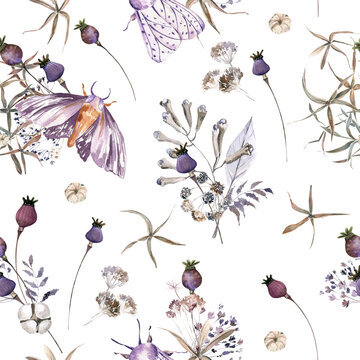 Boho flowers and moths  watercolor seamless paper for fabric, Dried Floral repeat pattern, Beige and purple floral rustic background