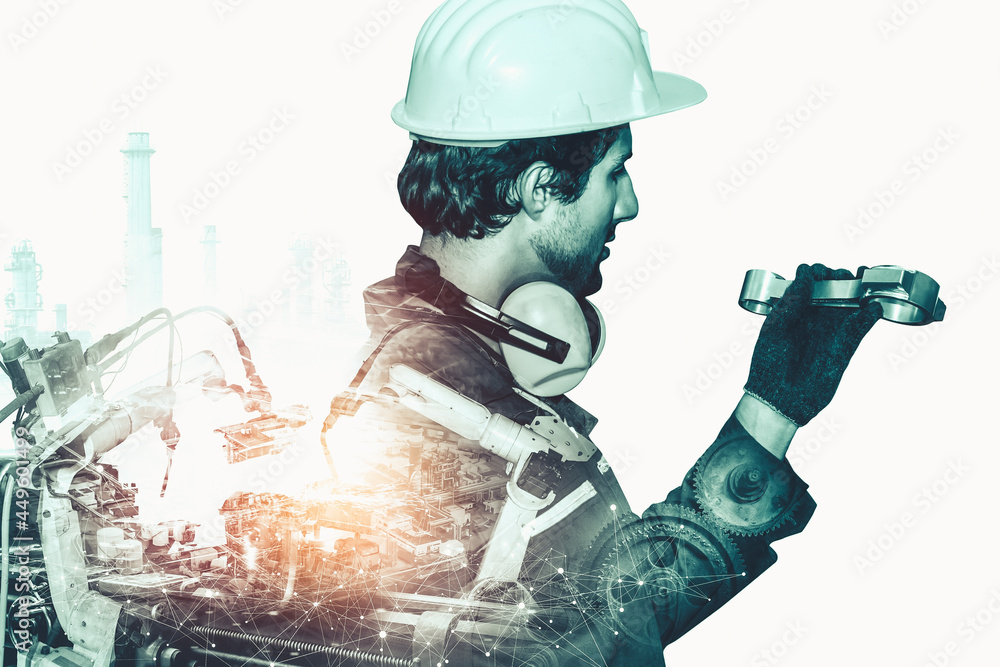 Poster mechanized industry robot arm and factory worker double exposure . concept of robotics technology fo
