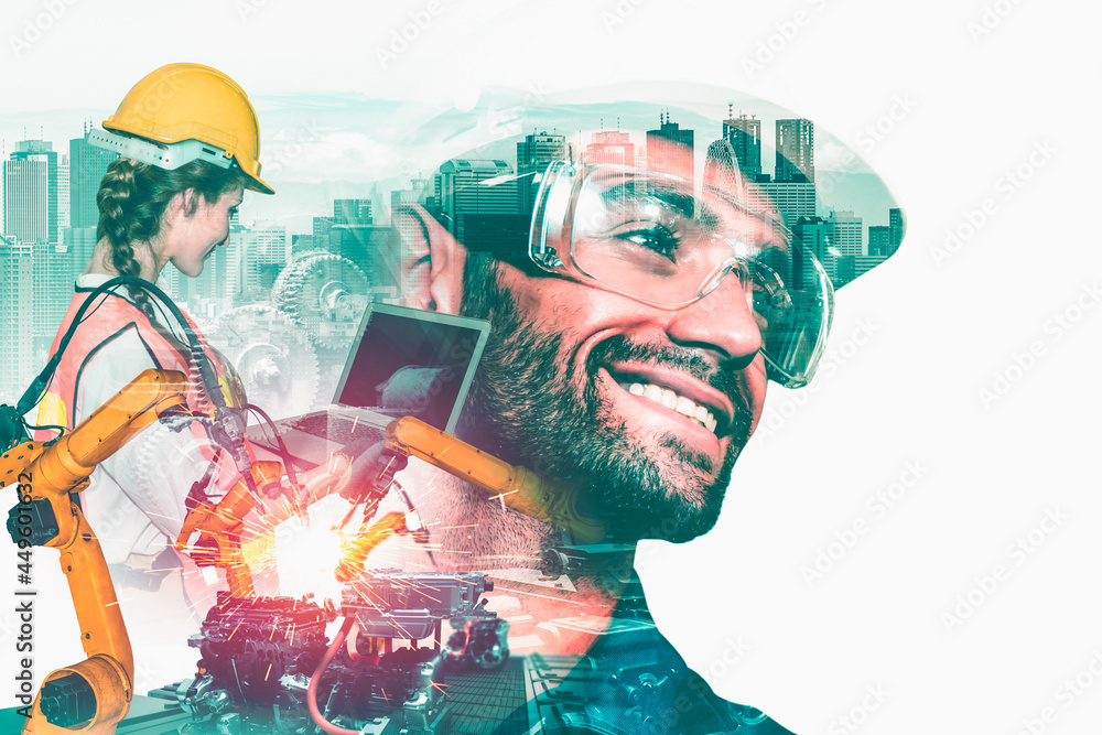 Poster mechanized industry robot arm and factory worker double exposure . concept of robotics technology fo