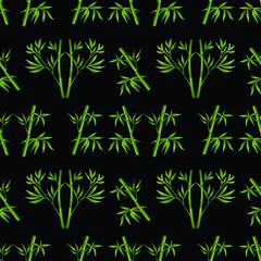 Hand drawn vector seamless pattern with green bamboo leaves on a black background. For textiles, wrapping paper, wallpaper, cards, notebook covers, bags and backdrop. 