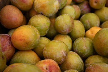 Fresh green-skinned pluots with yellow flesh at the farmer's market in California