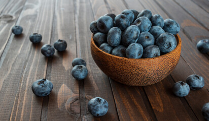 Bowl of blueberries on dark wooden background