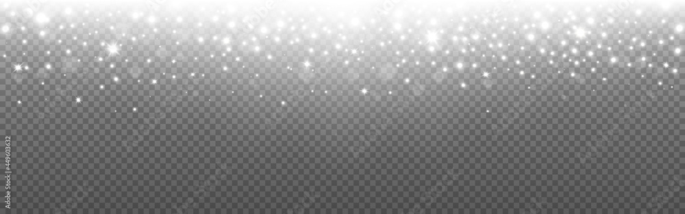 Poster glitter silver on transparent backdrop. glowing lights effect with rays. shiny particles and silver 