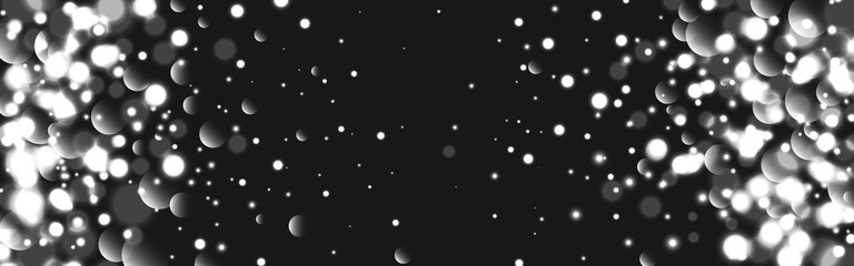Silver bokeh wide background. White glitter on dark backdrop. Luxury silver blurred lights. Christmas texture with glowing particles. Vector illustration