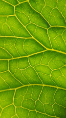 A fresh leaf of a plant in close up, illuminated by sunlight. Mosaic pattern of green cells and yellow veins. Mobile phone wallpaper. Vertical abstract floral background. Horseradish leaf. Macro