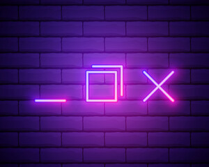 Neon light. Browser window icon. Internet page symbol. Website empty template sign. Glowing graphic design. Brick wall. Vector