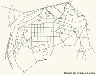Black simple detailed street roads map on vintage beige background of the quarter Campo de Ourique civil parish of Lisbon, Portugal