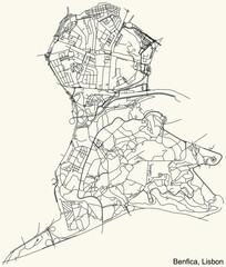 Naklejka premium Black simple detailed street roads map on vintage beige background of the quarter Benfica civil parish of Lisbon, Portugal