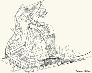 Black simple detailed street roads map on vintage beige background of the quarter Belém civil parish of Lisbon, Portugal
