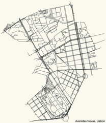 Black simple detailed street roads map on vintage beige background of the quarter Avenidas Novas civil parish of Lisbon, Portugal