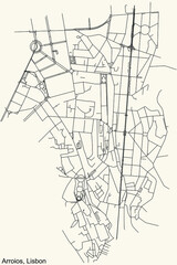 Black simple detailed street roads map on vintage beige background of the quarter Arroios civil parish of Lisbon, Portugal