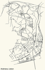 Black simple detailed street roads map on vintage beige background of the quarter Alcântara civil parish of Lisbon, Portugal