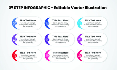 9 Steps Infographics Design Template - Graph, Pie chart, workflow layout, cycling diagram, brochure, report, presentation, web design. Editable Vector illustration