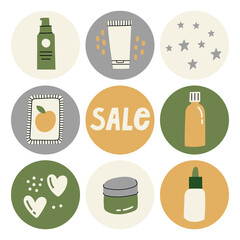Simple beauty products story highlight cover. Hand drawn shapes doodle set, contemporary style. Vector round social media stories for bloggers. Square illustrations with round clipping mask.