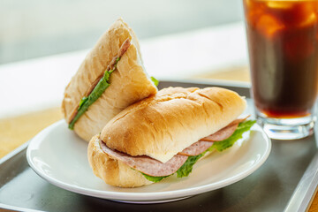 Iced Americano Coffee and Ham Sandwich Cafe Brunch