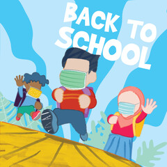 School kids running with mask suitable for Back to school during pandemic Illustration