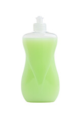 Green liquid soap bottle on white background