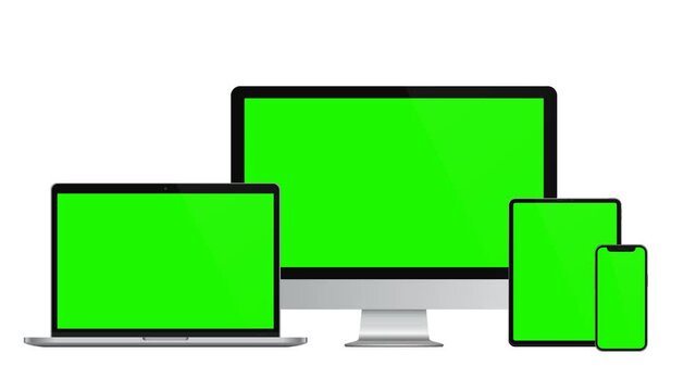 Modern devices mockups: PC, laptop, tablet computer, smartphone with green screens. 4K animation for presentation on mockup screen
