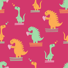 Dinosaurs with hearts seamless pattern. Cute dino vector illustration background. Design for fabric, textile, nursery, wrapping paper, scrapbooking, packaging.