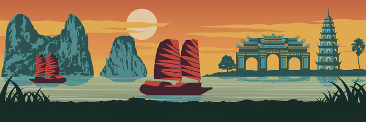 top famous landmark of Vietnam,Ship,Ha long bay,Emperor palace complex in Hue and Tran Quoc pagoda in sunset time,silhouette design,Vintage color - obrazy, fototapety, plakaty