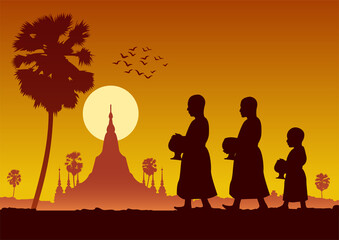 Fototapeta premium food offering to a monk or ask as a favour receive food or ask for alms,routine of monk,walking pass famous pagoda of myanmar