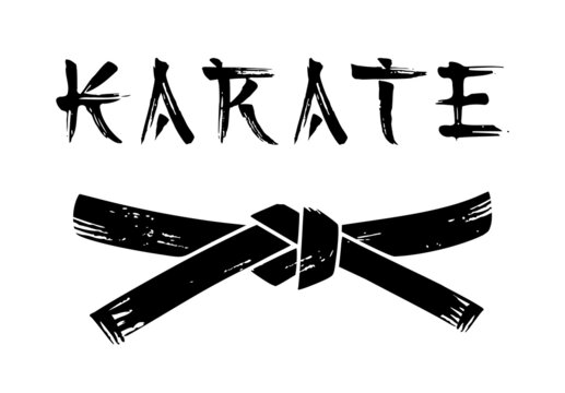 Vector black belt grunge stencil silhouette drawing illustration.Karate calligraphy word text lettering calligraphic strokes in the Japanese character style.T shirt print design.Sport.Wrestling.Logo.