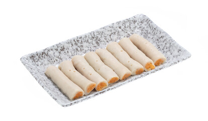 Seasoned minced fish stuffed with cheese on plate isolated on white background.