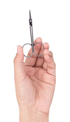 Hand holding A metal brow scissors isolated on a white background.