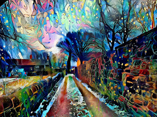 Cart track, with an old cottage on Christmas Eve in, Bradford, Yorkshire, UK   digital art