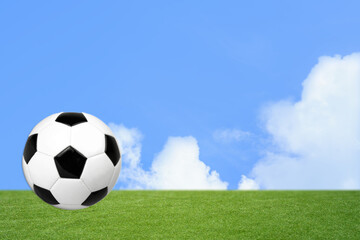 サッカーボール/サッカー/soccer/フットサル/スポーツ/運動場/青空と芝生の背景/見出し、タイトルバック用文字入れスペース