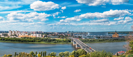Panorama of Nizhny Novgorod, Russia. The Orthodox Cathedral of Alexander Nevsky, the soccer stadium...