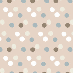 Vector pattern of round spots. Brown, white and gray on a beige background. Calligraphic style. Brush strokes. Doodle. Hand drawing