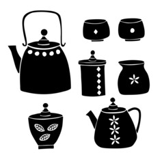 Vector set of images of items for oriental tea drinking. Teapots, cups. Black with white pattern on a white background. Isolated. Minimalism. Hand drawing