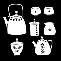 Vector set of images of items for oriental tea drinking. Teapots, cups. White with a black pattern on a black background. Isolated. Minimalism. Hand drawing
