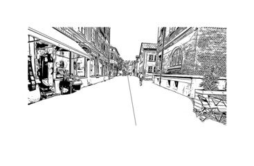 Building view with landmark of Gothenburg is the 
city in Sweden. Hand drawn sketch illustration in vector.