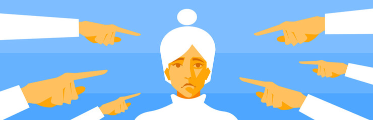 Woman surrounded by index fingers concept of blaming depressed and bullying, flat vector illustration