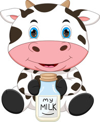 cartoon cow holding milk in a bottle