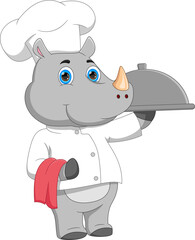 cartoon chef rhino carrying food tray