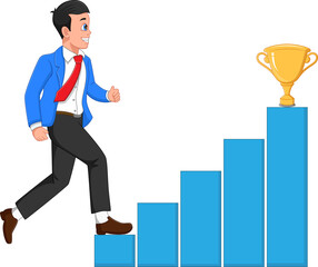 Obraz premium Business man climbs the ladder of success. Business man wants to win the gold trophy